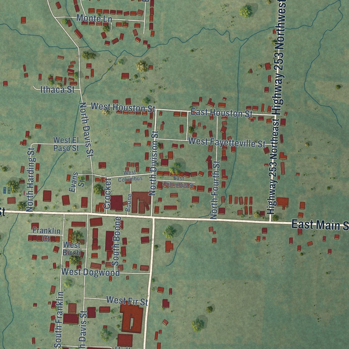 Close-up of the map of Lavaca, Arkansas print showing street and building detail