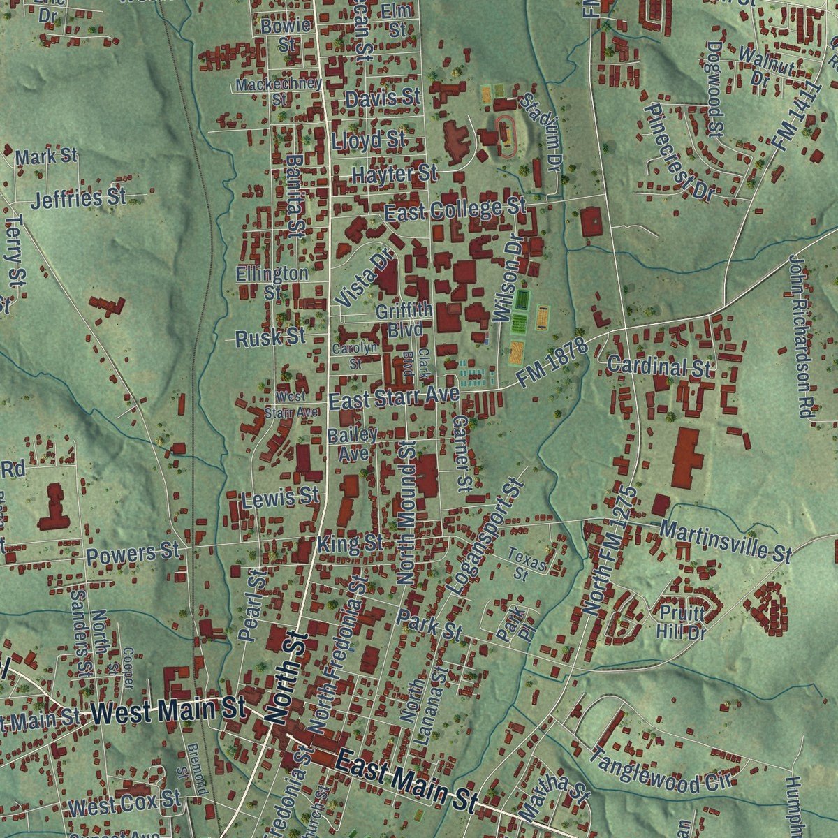 Close-up of the map of Nacogdoches, Texas print showing street and building detail