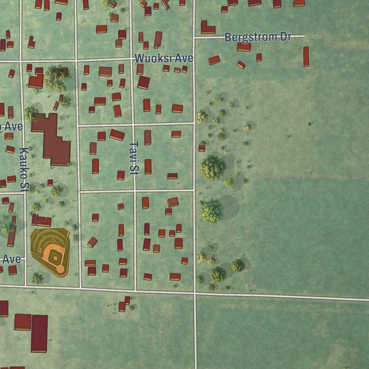 Close-up of the map of Kaleva, Michigan print showing street and building detail