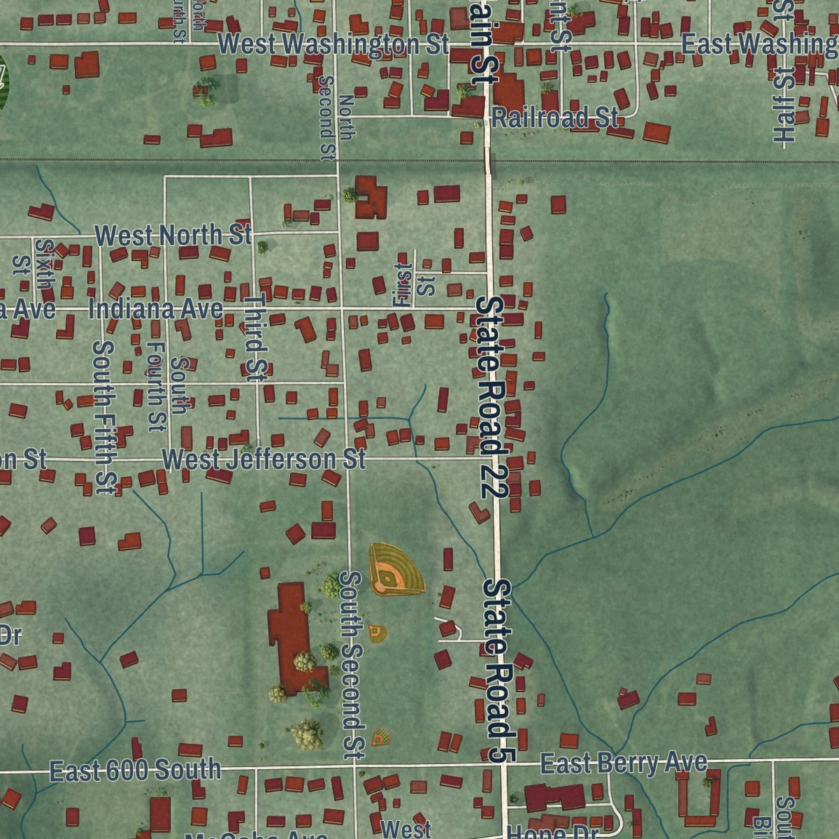 Close-up of the map of Upland, Indiana print showing street and building detail