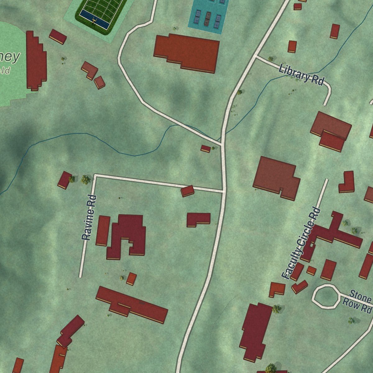 Close-up of the map of Bard College, New York print showing street and building detail