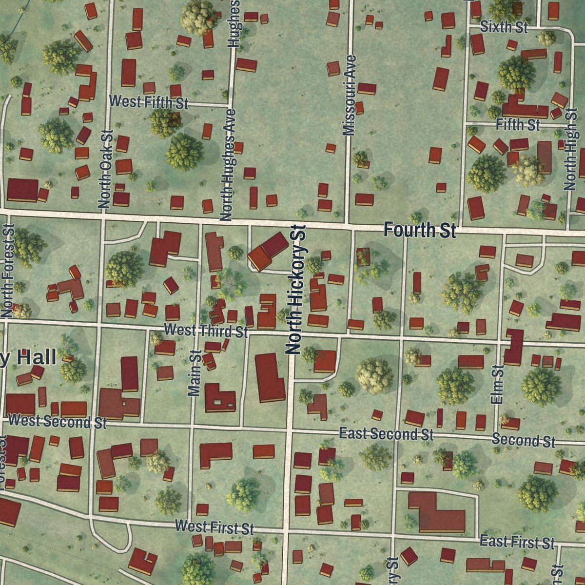 Close-up of the map of Stover, Missouri print showing street and building detail