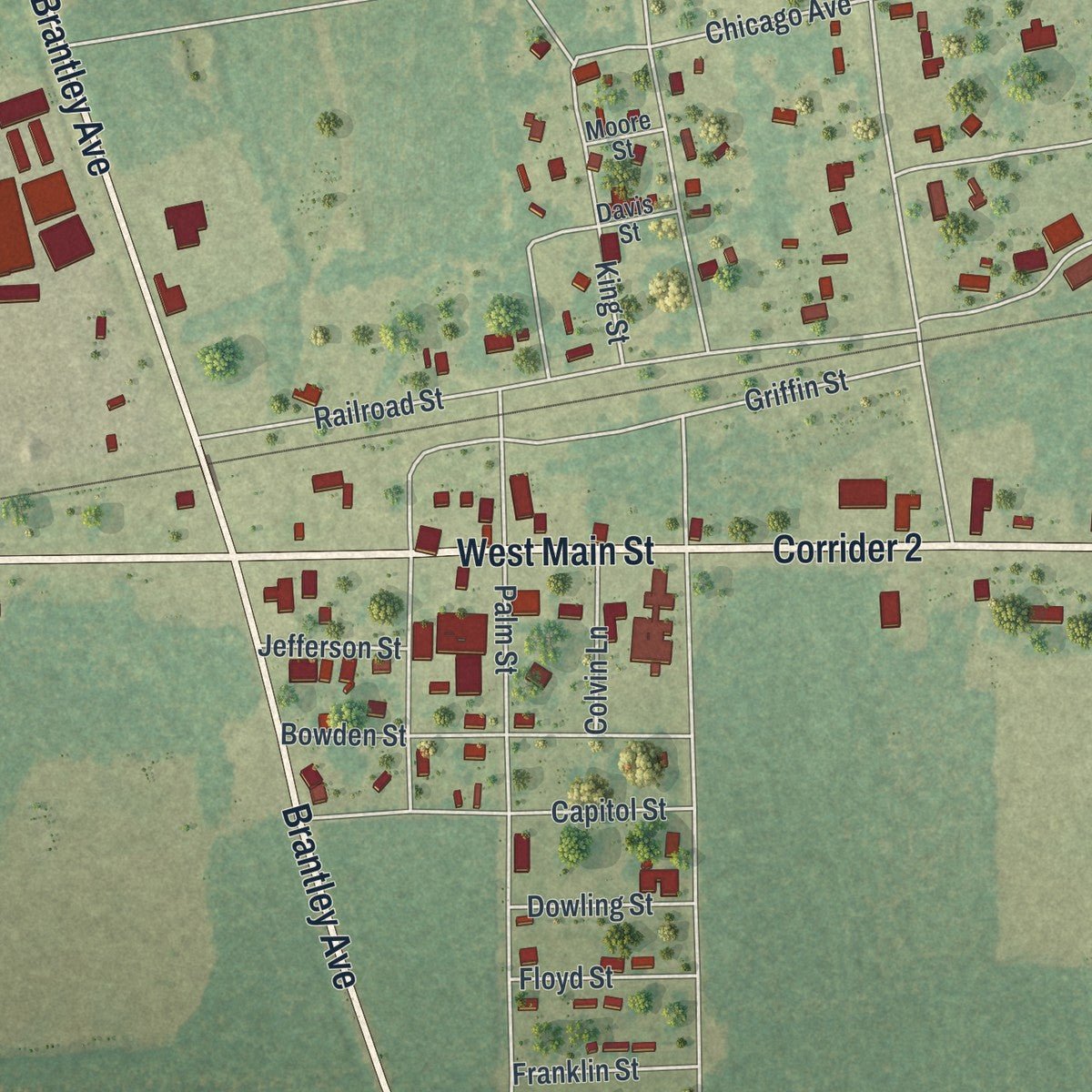Close-up of the map of Hoboken, Georgia print showing street and building detail