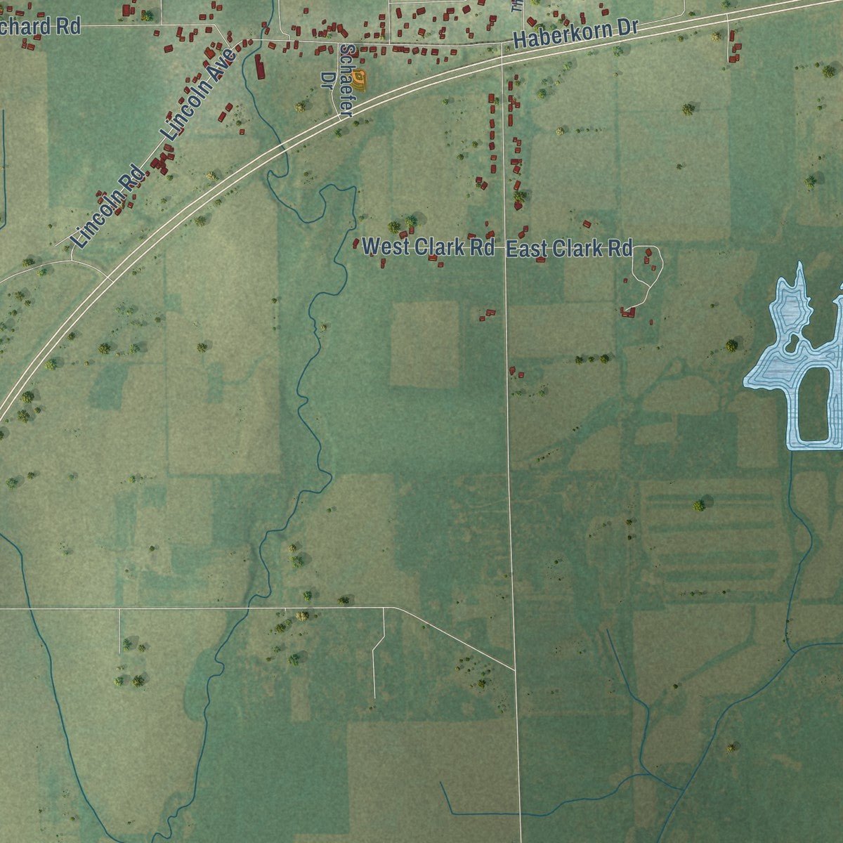 Close-up of the map of Lamartine, Wisconsin print showing street and building detail