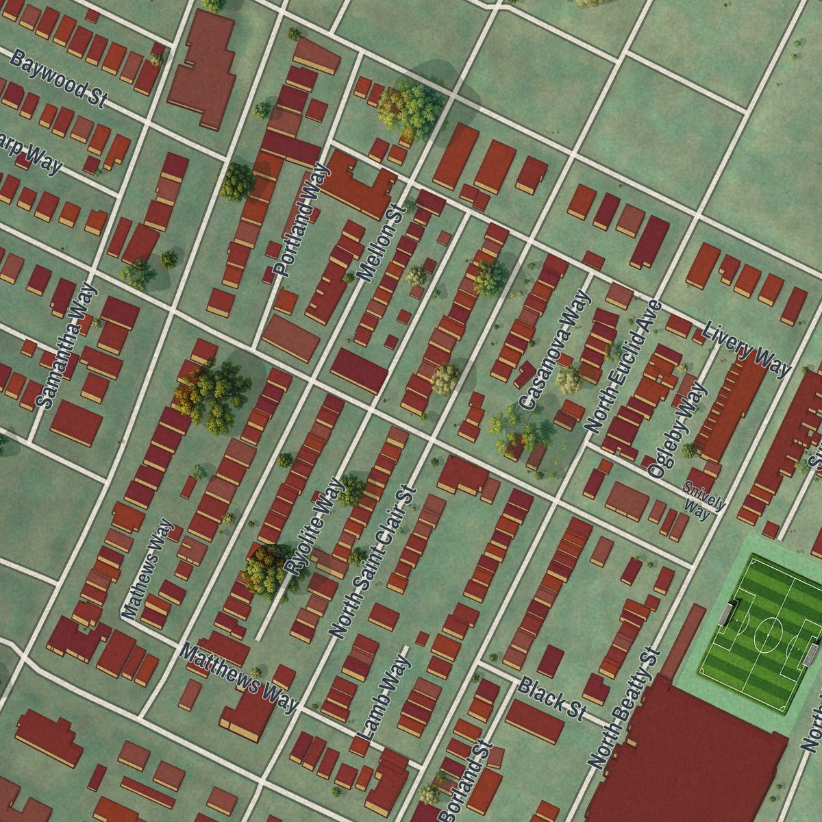 Close-up of the map of East Liberty, Pennsylvania print showing street and building detail