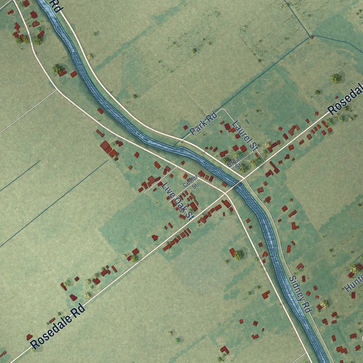 Close-up of the map of Rosedale, Louisiana print showing street and building detail