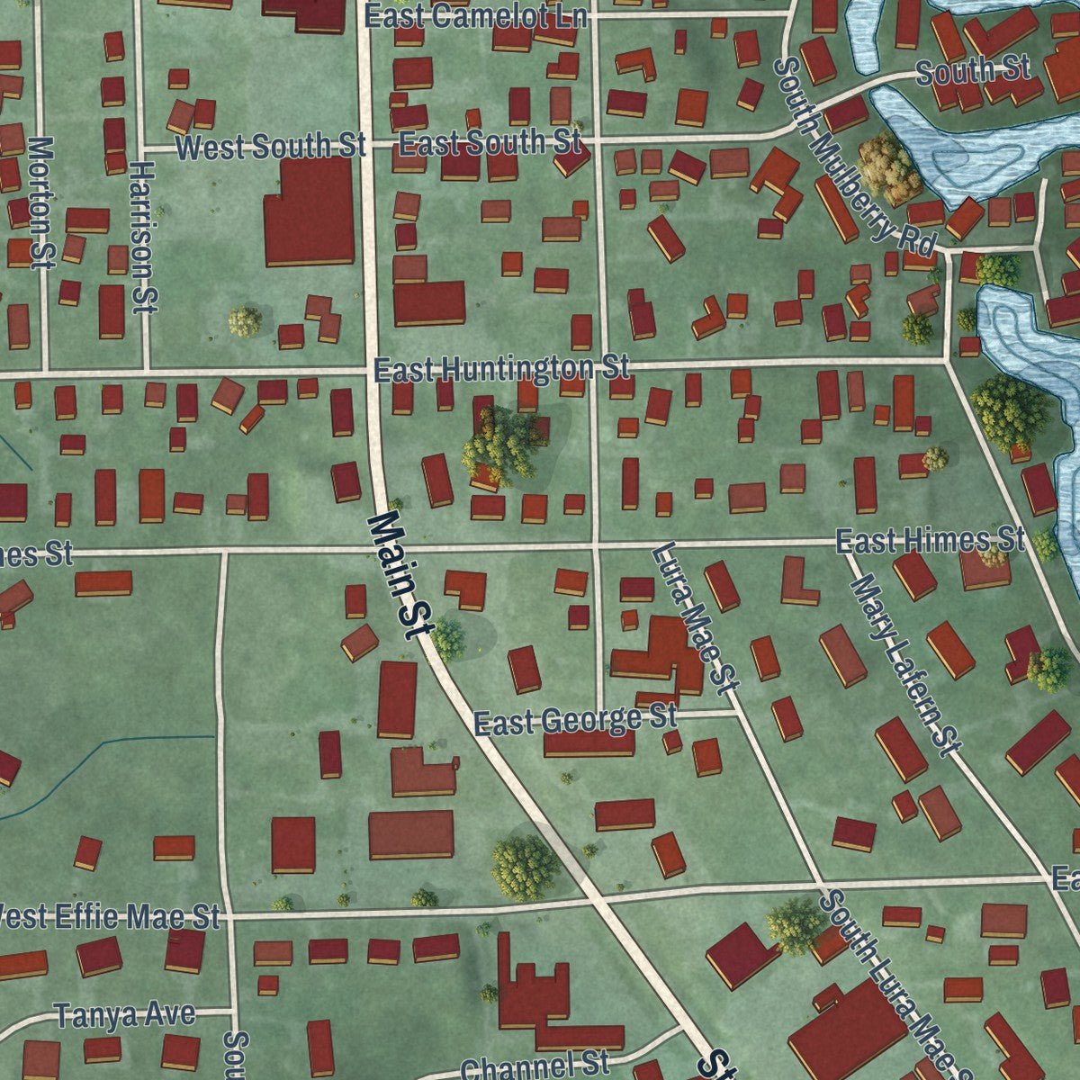 Close-up of the map of North Webster, Indiana print showing street and building detail