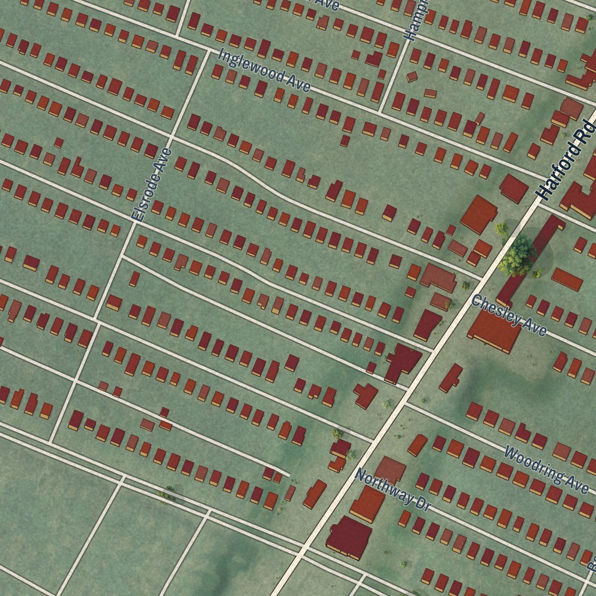 Close-up of the map of North Harford Road, Maryland print showing street and building detail