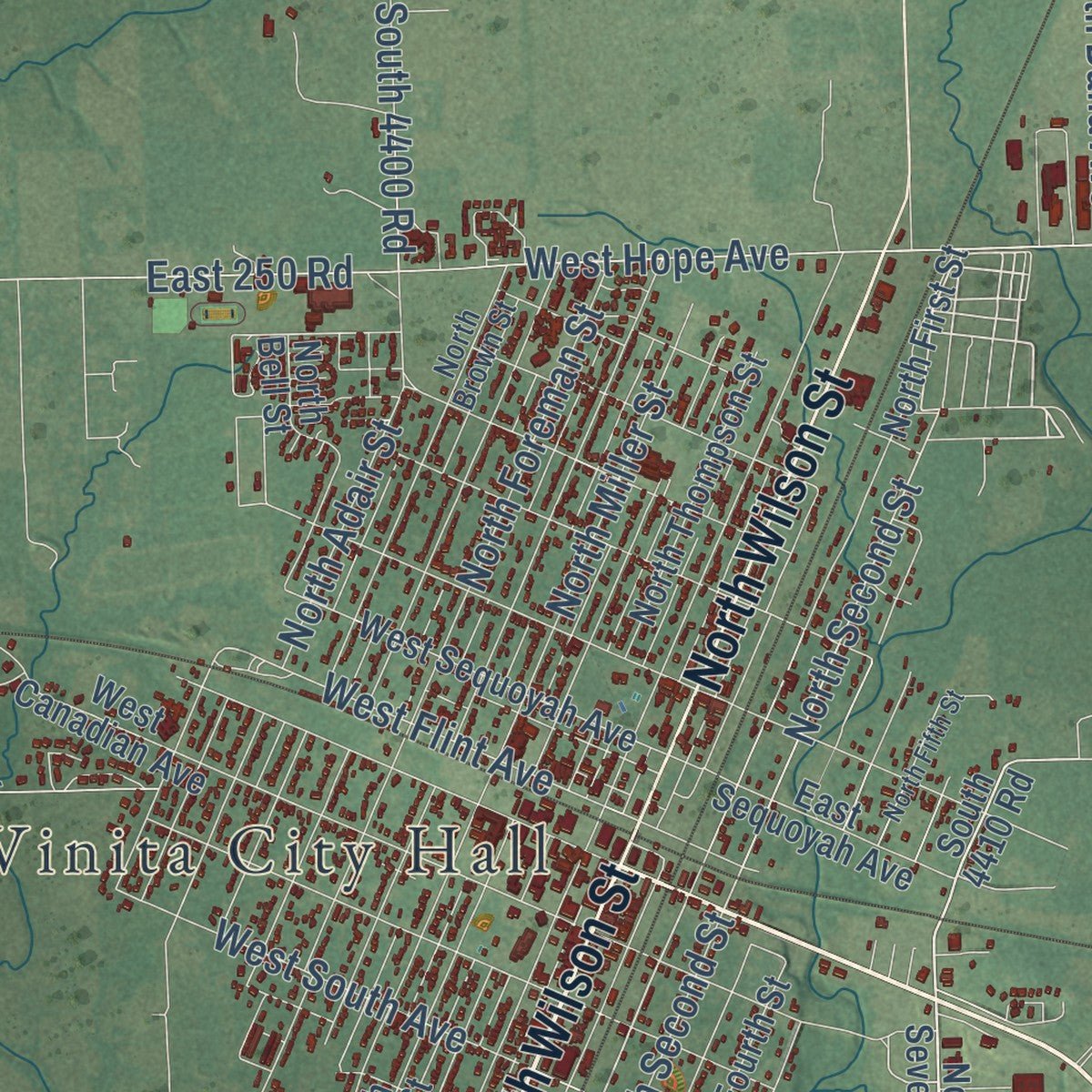 Close-up of the map of Vinita, Oklahoma print showing street and building detail