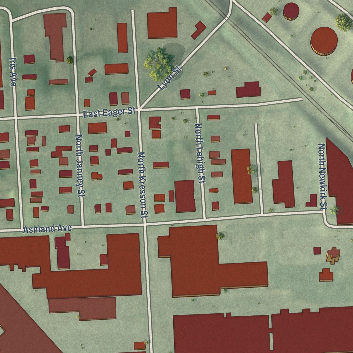 Close-up of the map of Orangeville, Maryland print showing street and building detail