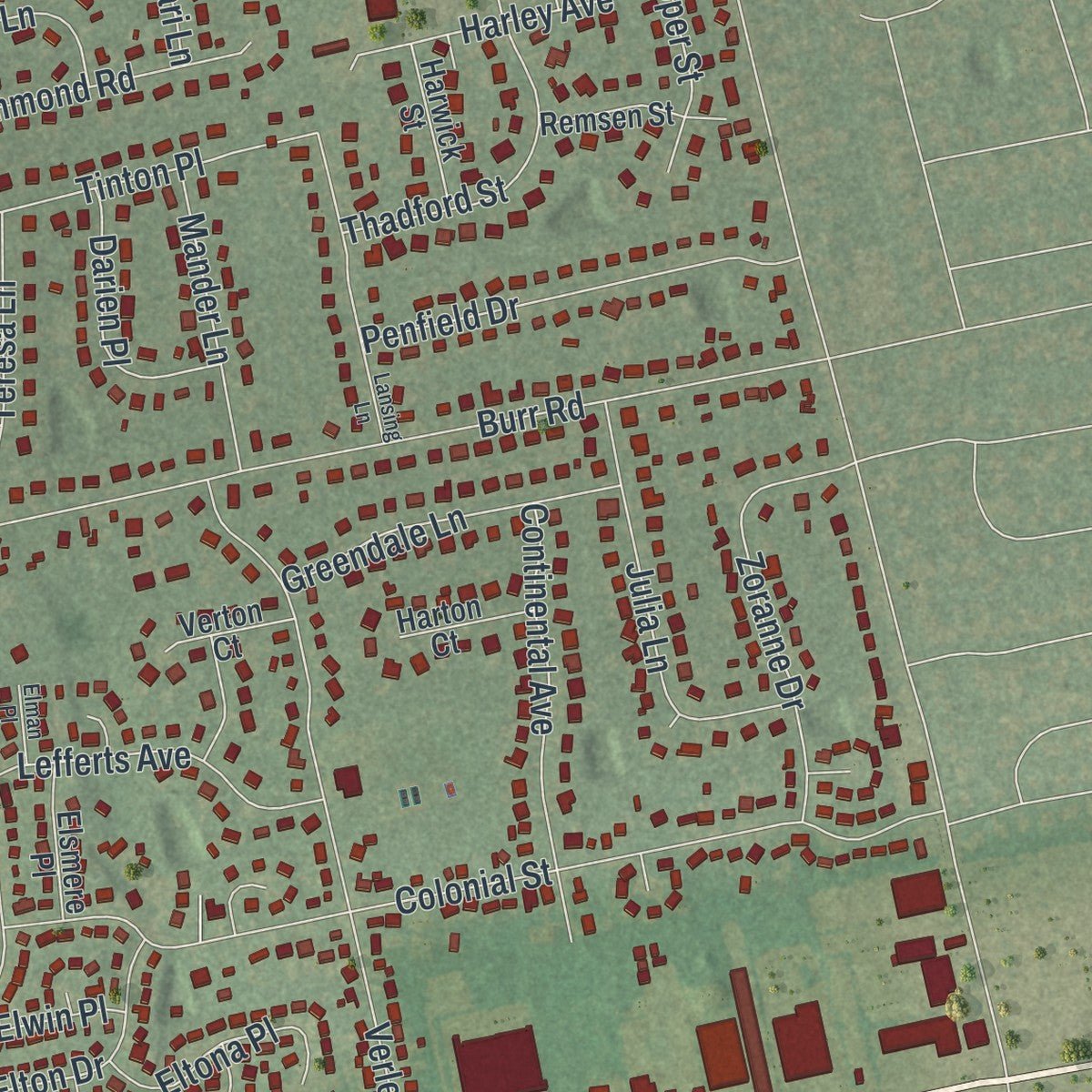 Close-up of the map of Elwood, New York print showing street and building detail