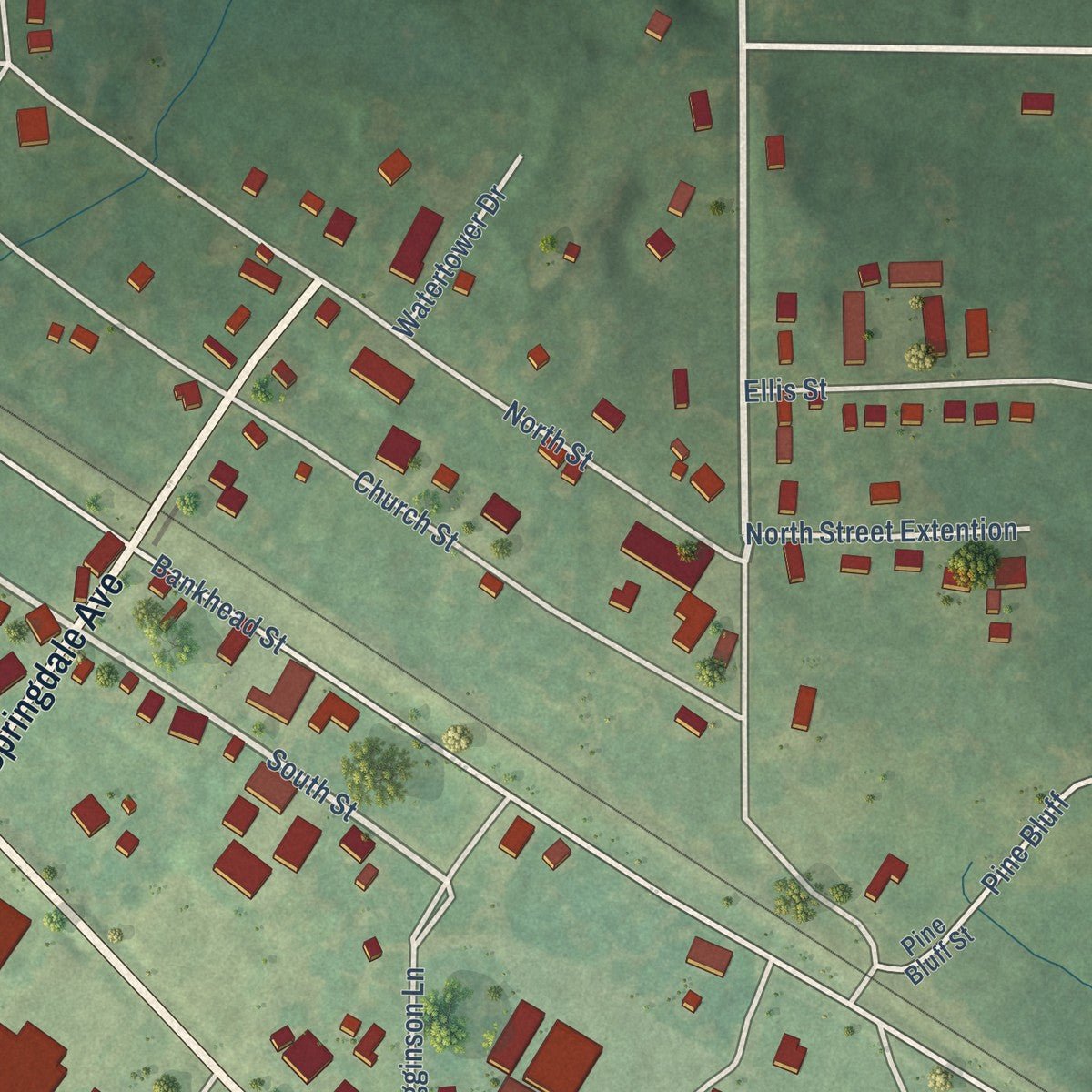 Close-up of the map of Myrtle, Mississippi print showing street and building detail