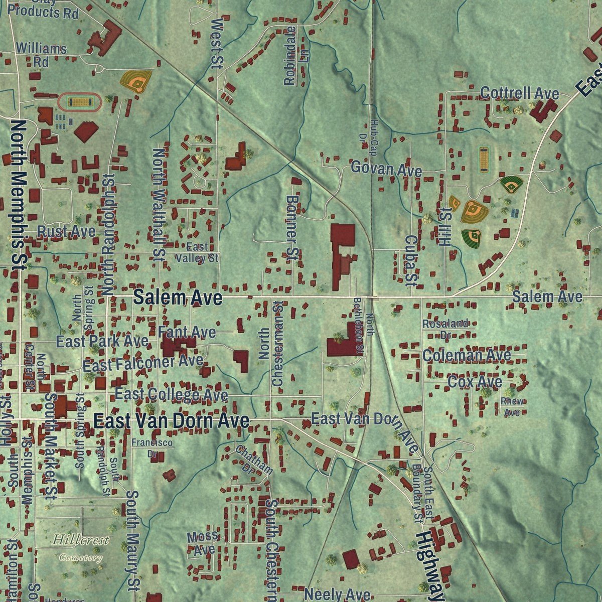 Close-up of the map of Holly Springs, Mississippi print showing street and building detail