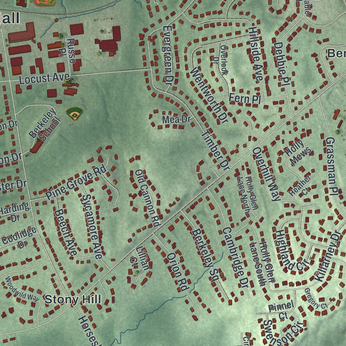 Close-up of the map of Berkeley Heights, New Jersey print showing street and building detail