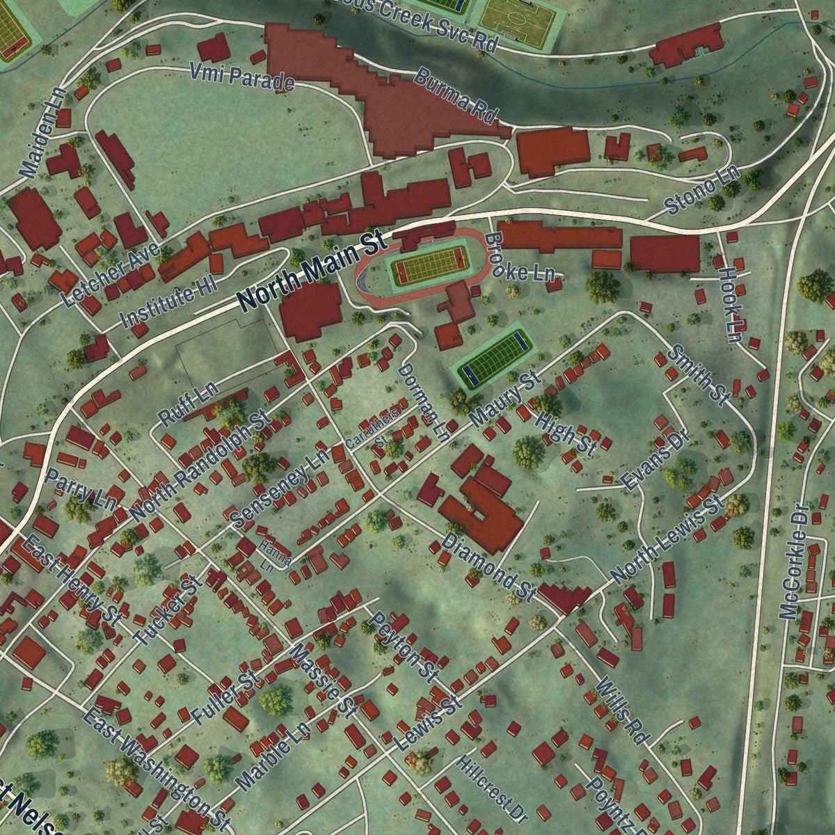 Close-up of the map of Lexington, Virginia print showing street and building detail