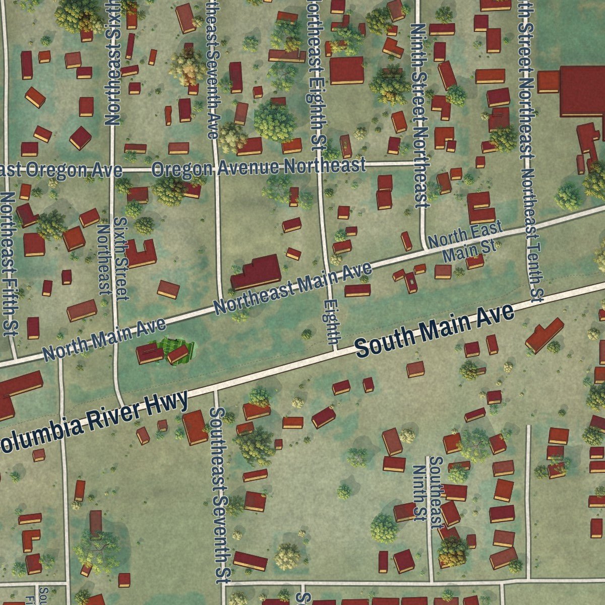 Close-up of the map of Irrigon, Oregon print showing street and building detail