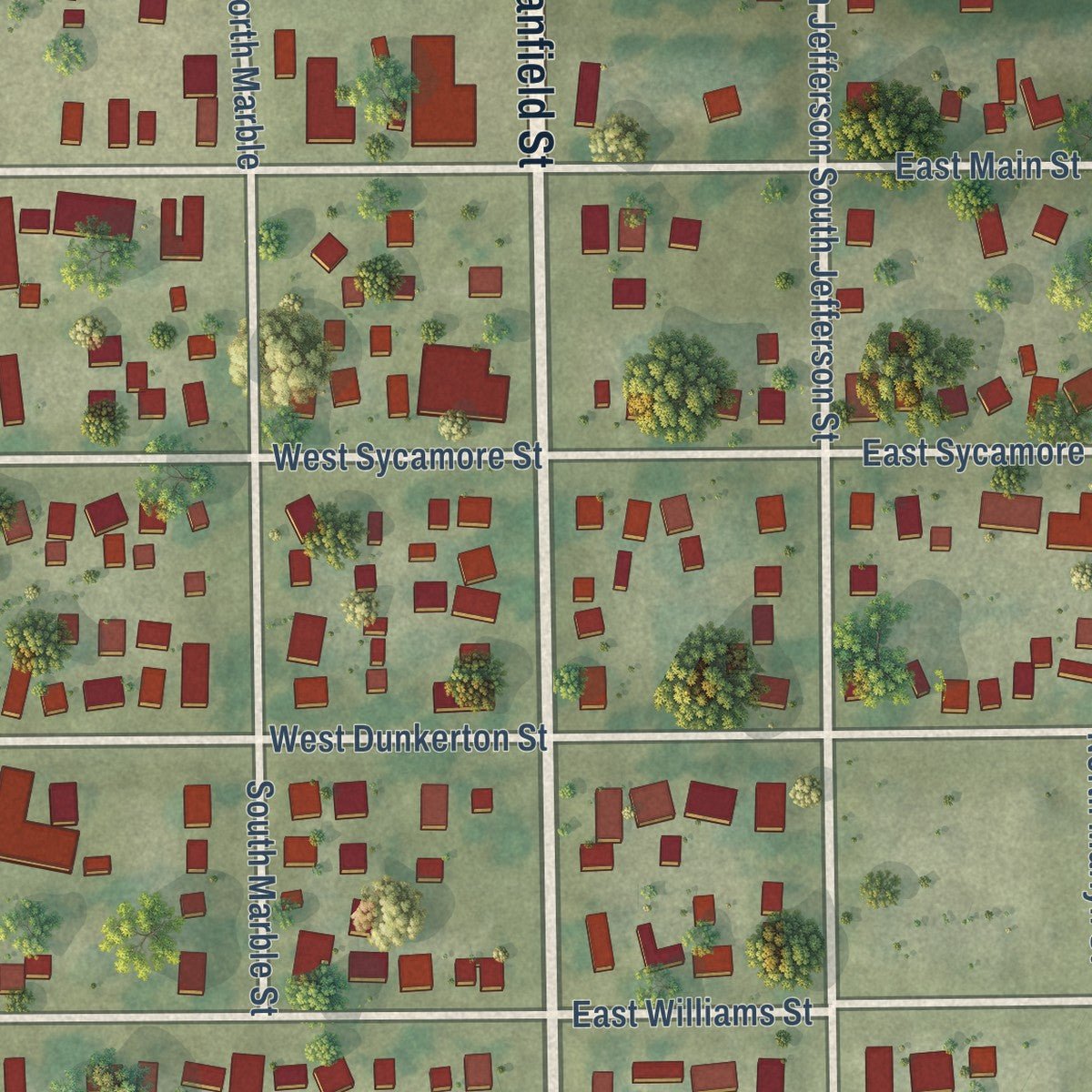 Close-up of the map of Dunkerton, Iowa print showing street and building detail
