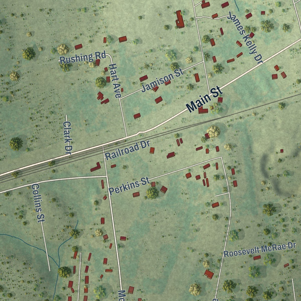 Close-up of the map of Hoffman, North Carolina print showing street and building detail