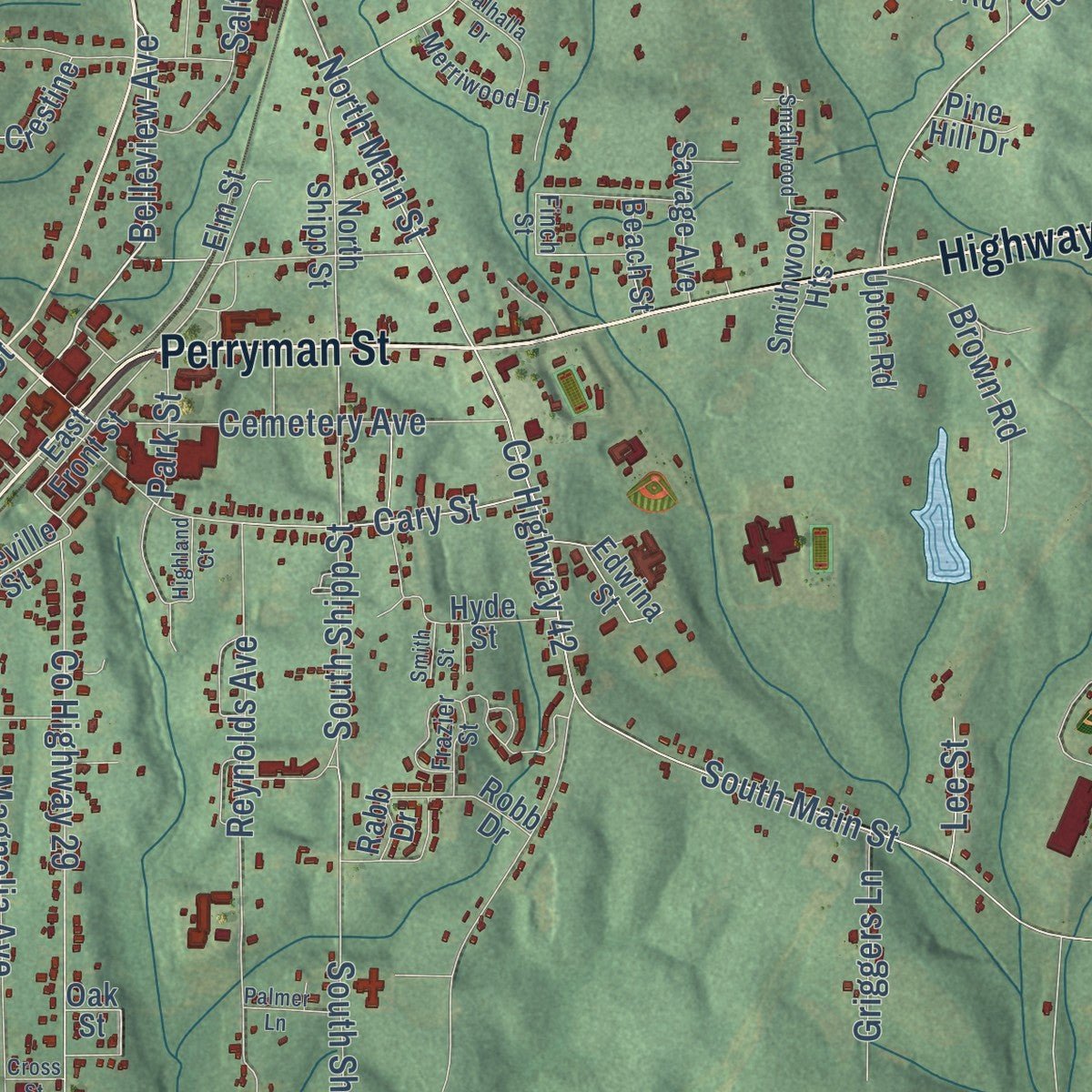 Close-up of the map of Evergreen, Alabama print showing street and building detail