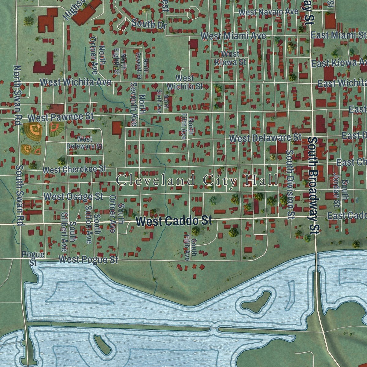 Close-up of the map of Cleveland, Oklahoma print showing street and building detail