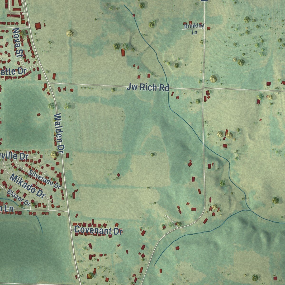 Close-up of the map of Kinsey, Alabama print showing street and building detail
