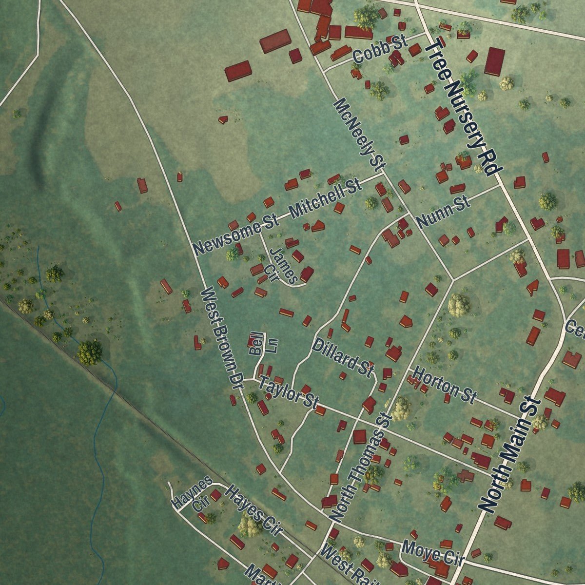 Close-up of the map of Davisboro, Georgia print showing street and building detail