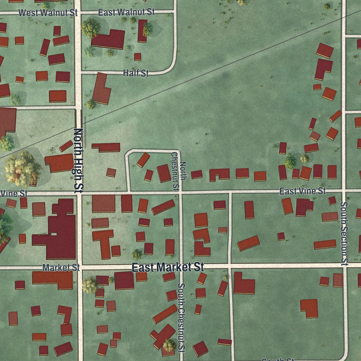 Close-up of the map of La Rue, Ohio print showing street and building detail