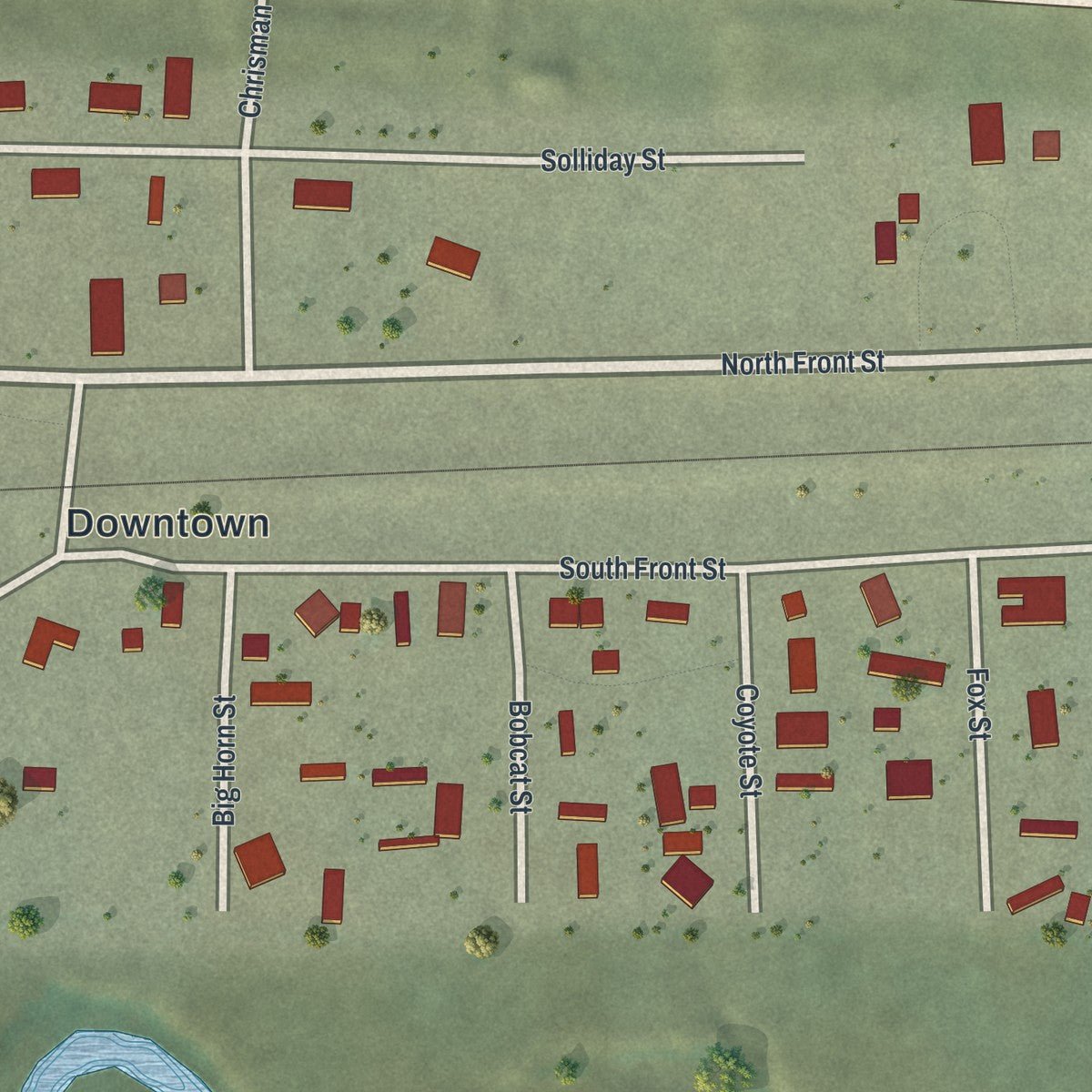 Close-up of the map of Opal, Wyoming print showing street and building detail