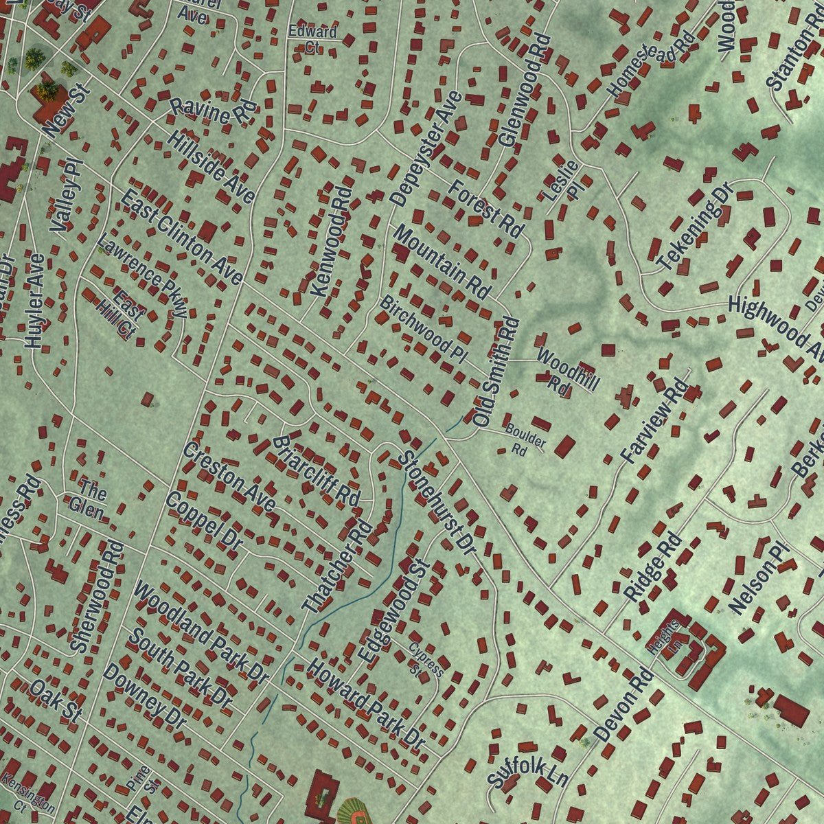 Close-up of the map of Tenafly, New Jersey print showing street and building detail