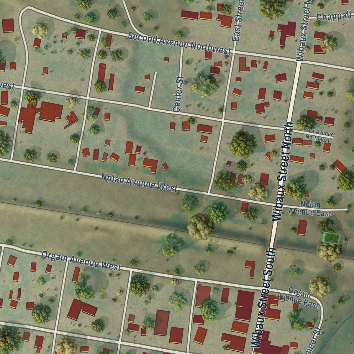 Close-up of the map of Wibaux, Montana print showing street and building detail