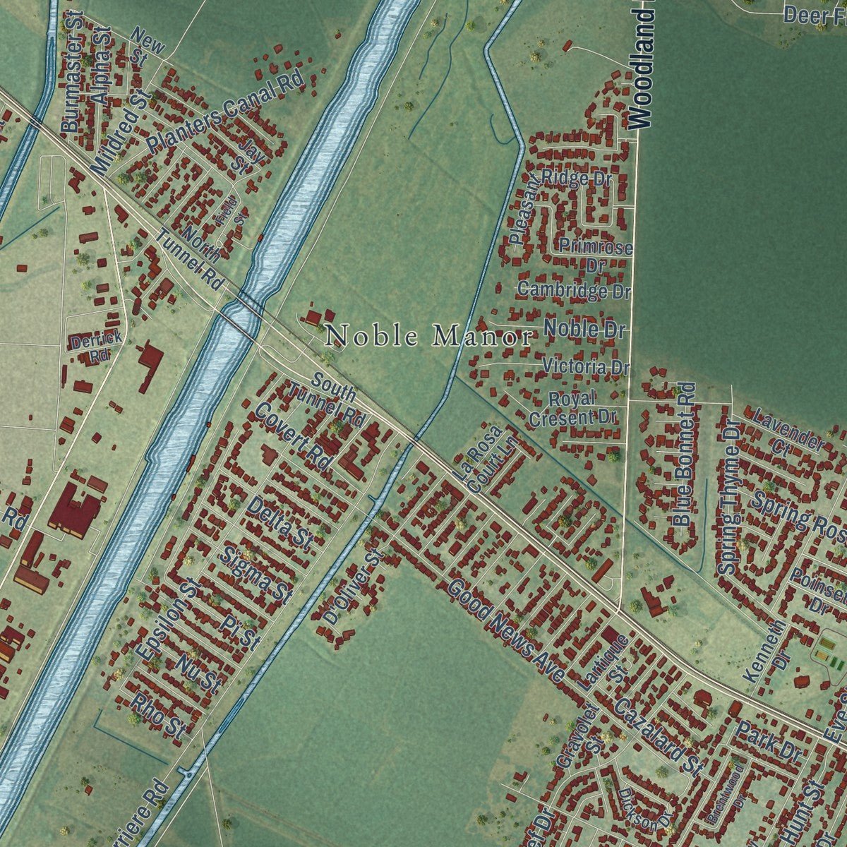 Close-up of the map of Belle Chasse, Louisiana print showing street and building detail