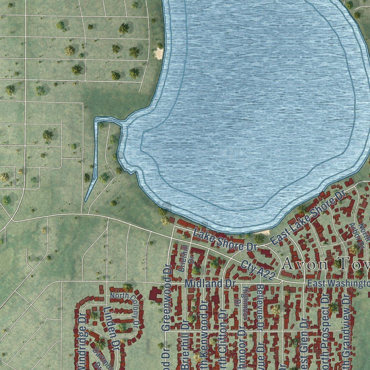 Close-up of the map of Round Lake Park, Illinois print showing street and building detail