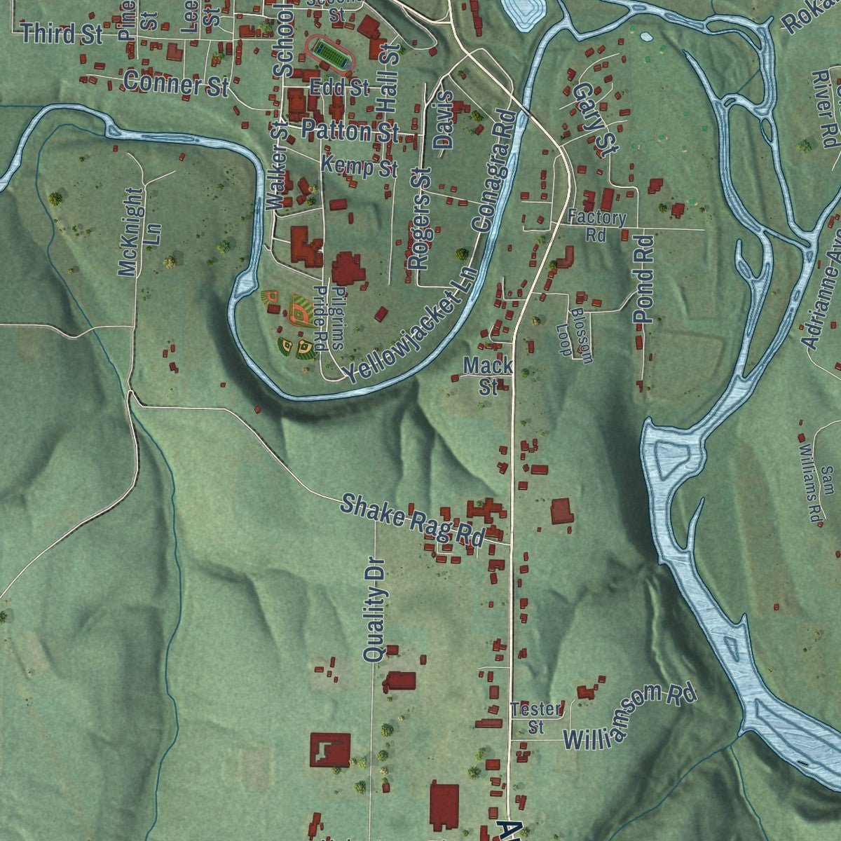 Close-up of the map of Clinton, Arkansas print showing street and building detail