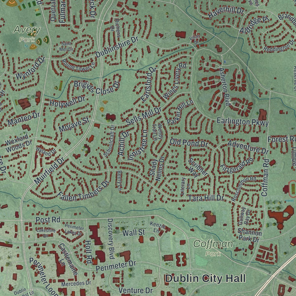 Close-up of the map of Dublin, Ohio print showing street and building detail