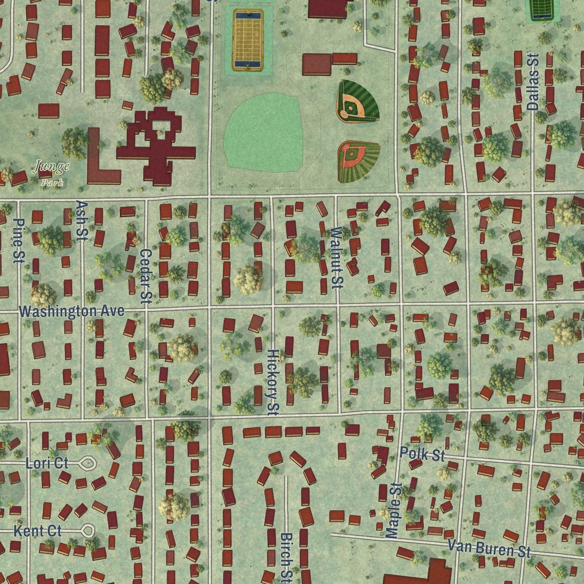 Close-up of the map of Sauk City, Wisconsin print showing street and building detail