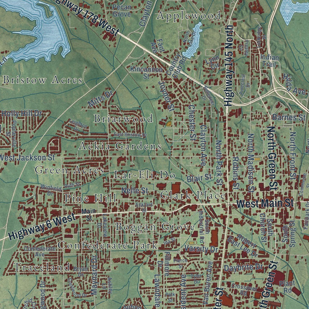 Close-up of the map of Tupelo, Mississippi print showing street and building detail
