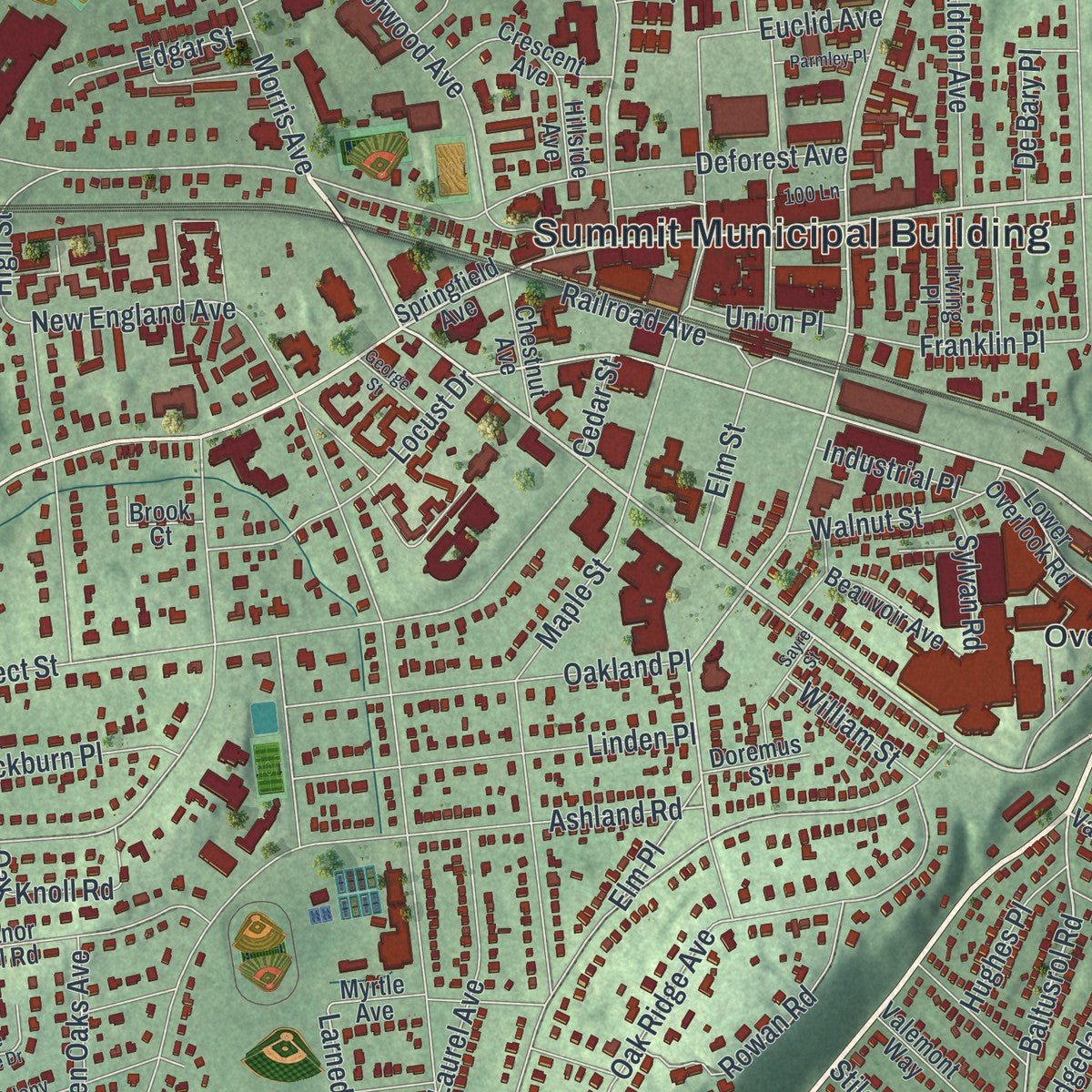 Close-up of the map of Summit, New Jersey print showing street and building detail