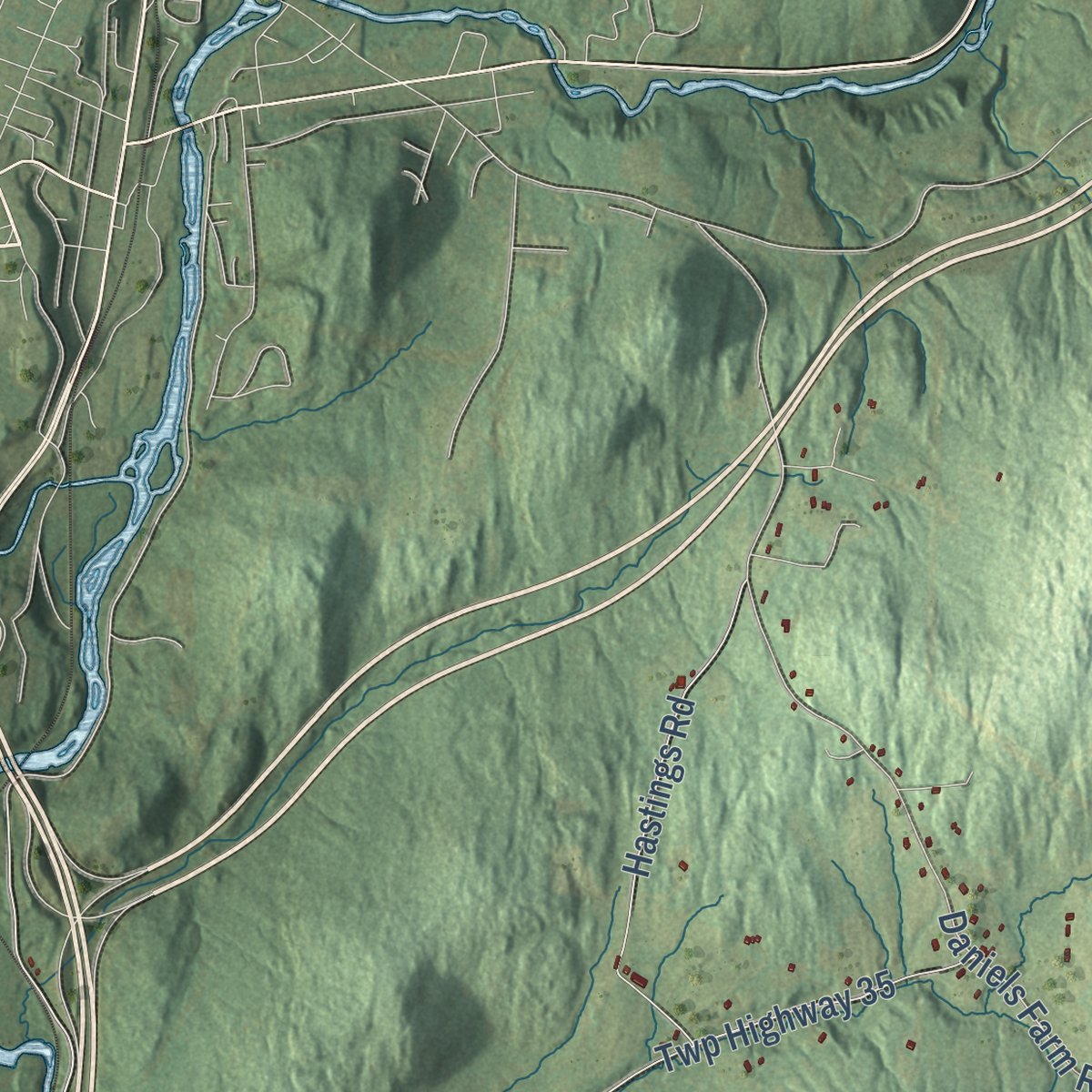 Close-up of the map of Waterford, Vermont print showing street and building detail