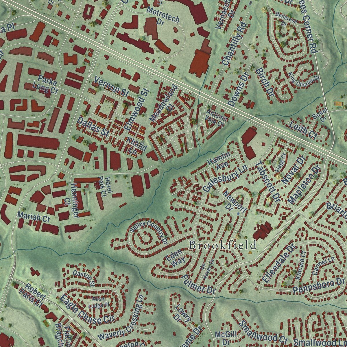 Close-up of the map of Chantilly, Virginia print showing street and building detail