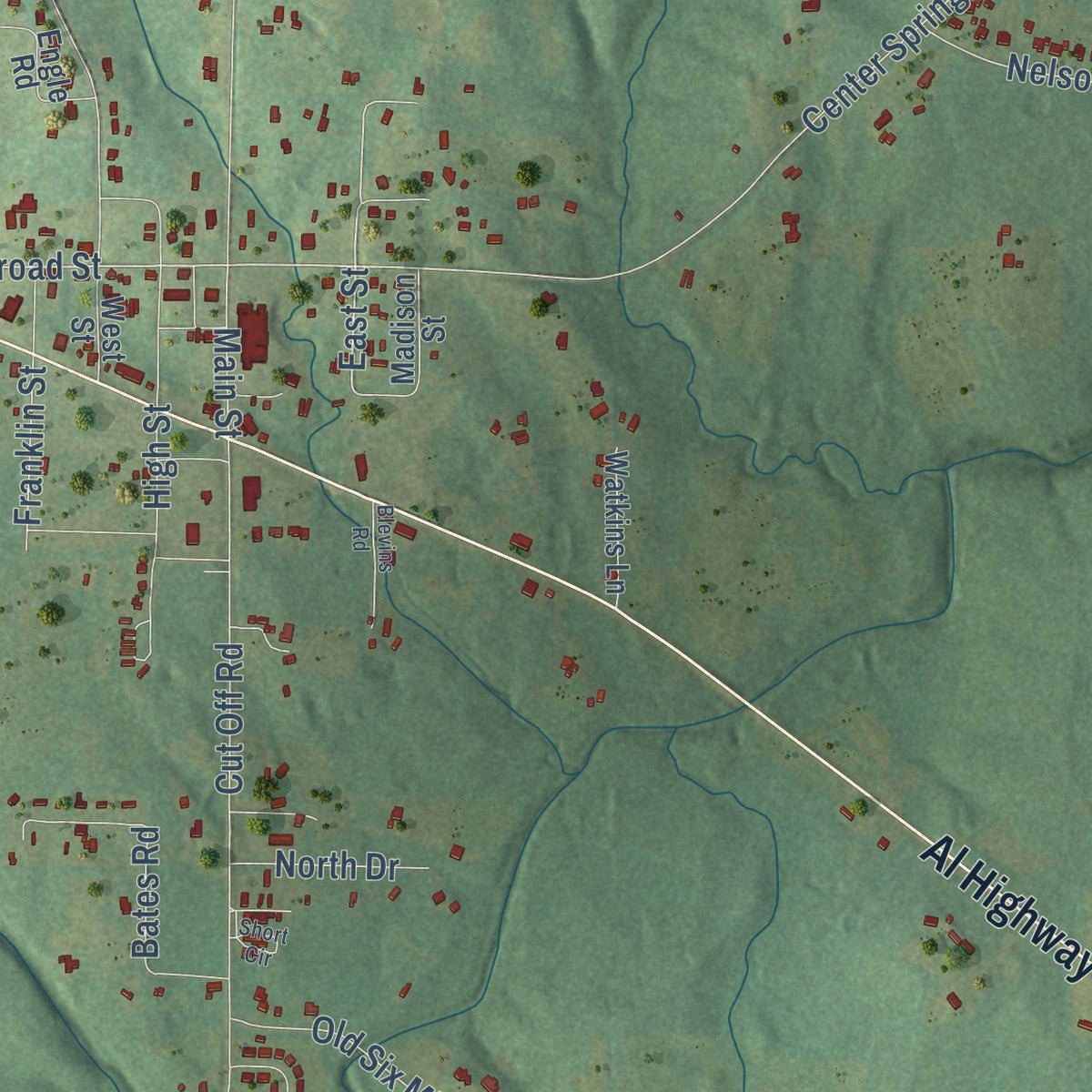 Close-up of the map of Somerville, Alabama print showing street and building detail