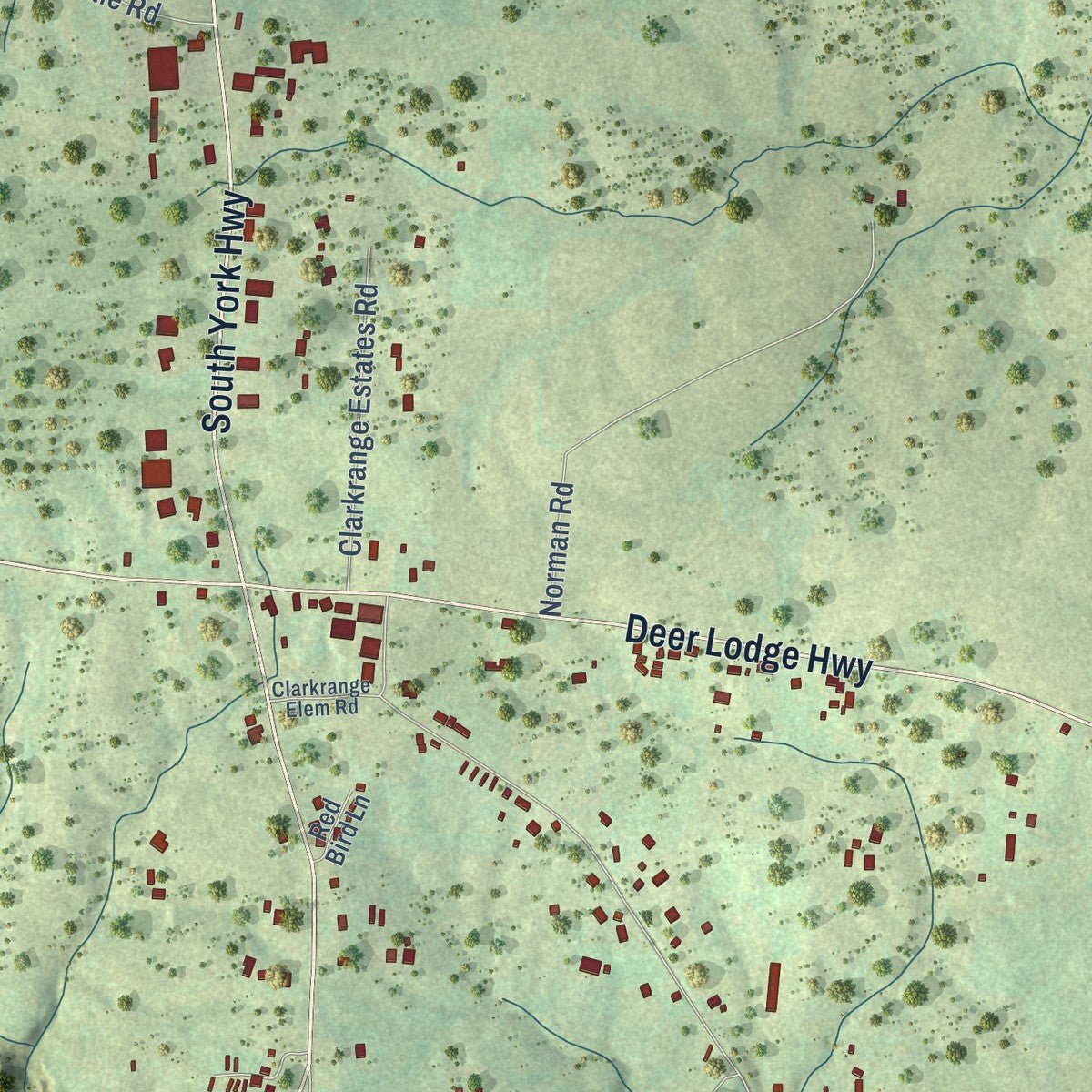 Close-up of the map of Clarkrange, Tennessee print showing street and building detail