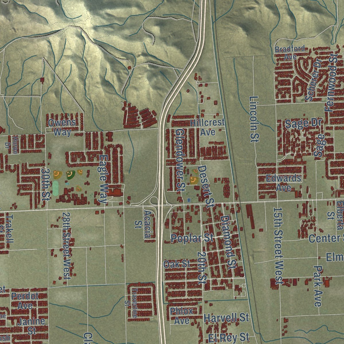 Close-up of the map of Rosamond, California print showing street and building detail