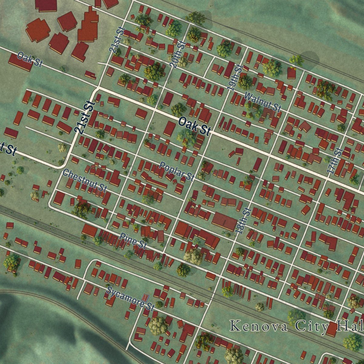 Close-up of the map of Kenova, West Virginia print showing street and building detail
