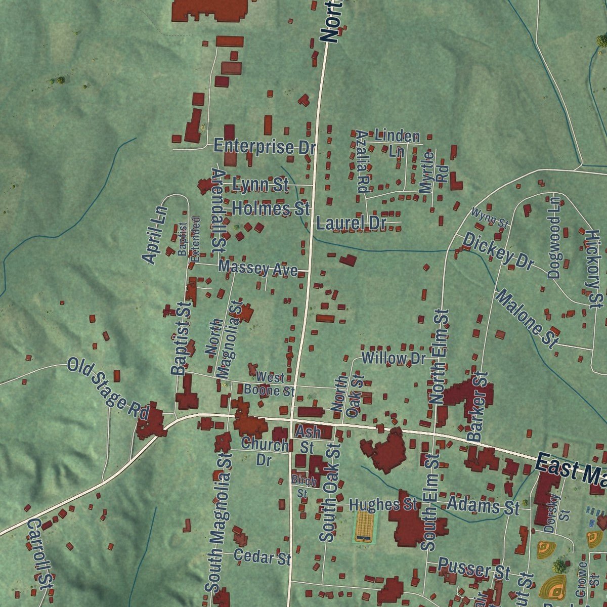 Close-up of the map of Adamsville, Tennessee print showing street and building detail