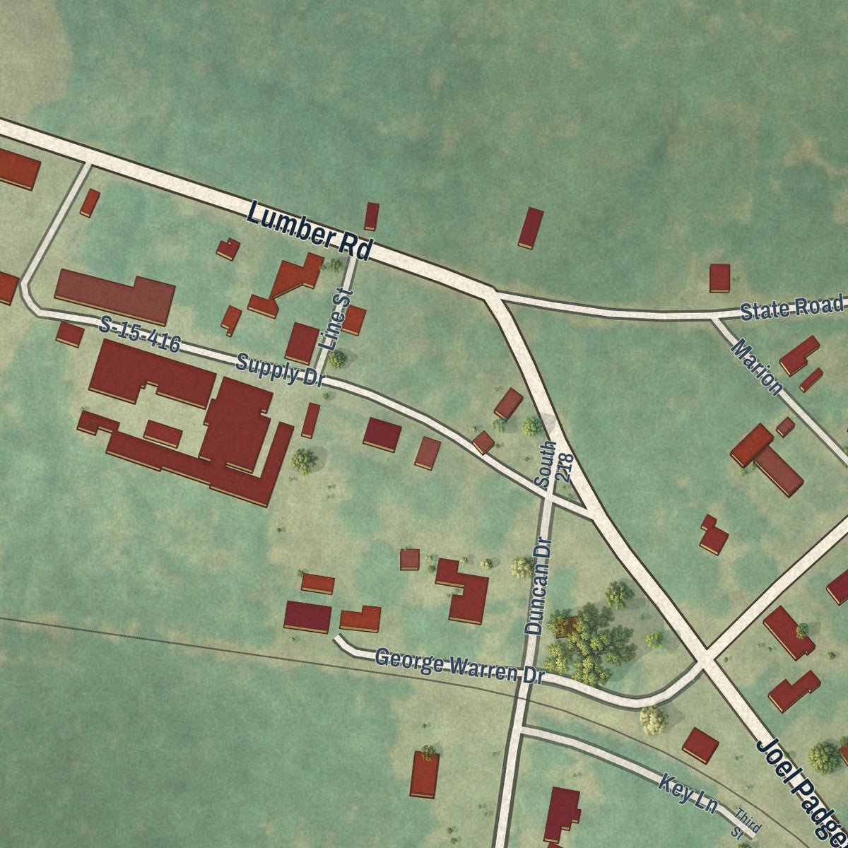 Close-up of the map of Williams, South Carolina print showing street and building detail