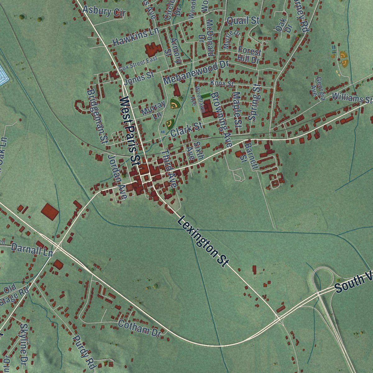 Close-up of the map of Huntingdon, Tennessee print showing street and building detail