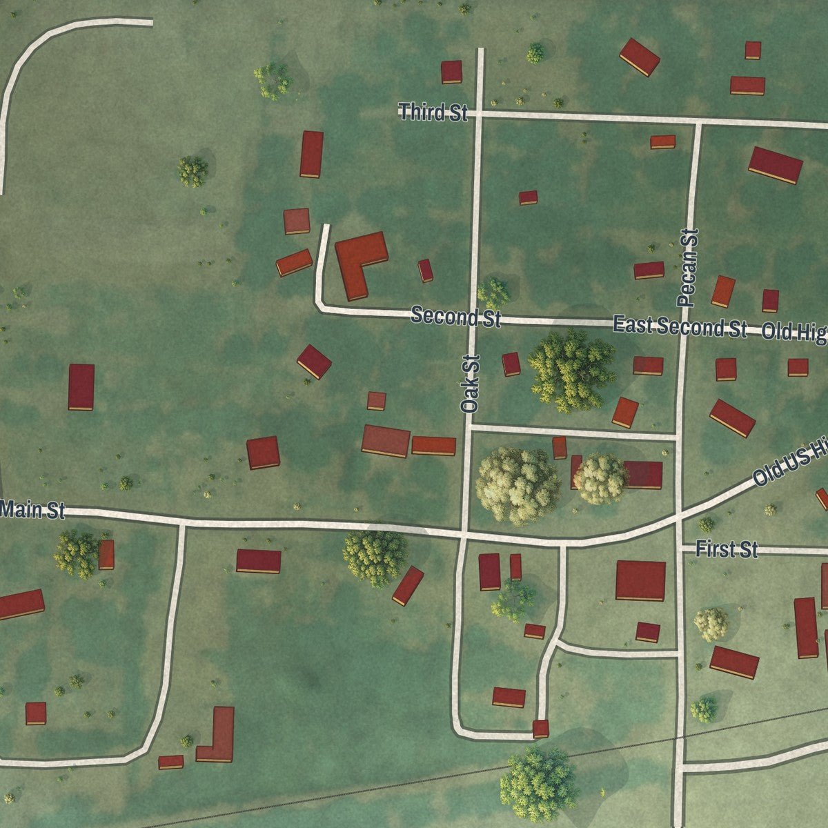 Close-up of the map of Deerfield, Missouri print showing street and building detail