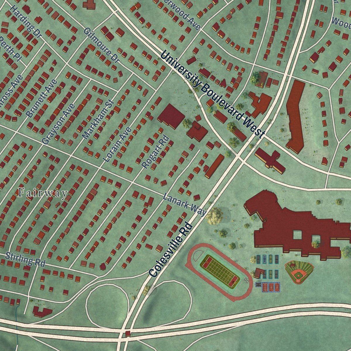 Close-up of the map of Four Corners, Maryland print showing street and building detail