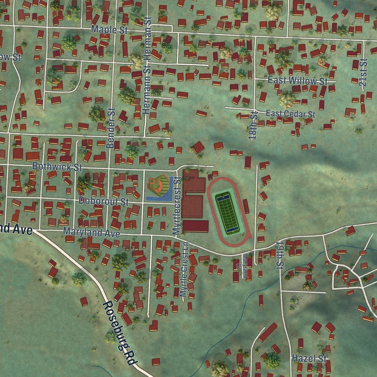 Close-up of the map of Myrtle Point, Oregon print showing street and building detail