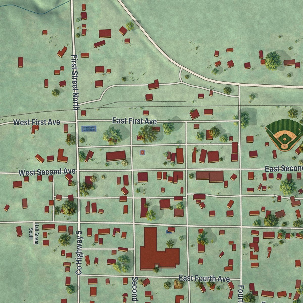 Close-up of the map of Franklin, Minnesota print showing street and building detail